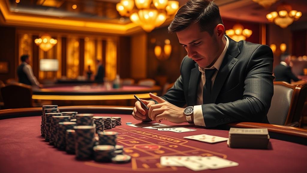 นักพนันใช้มือถือเล่นบาคาร่าพร้อมศึกษาตารางกลยุทธ์