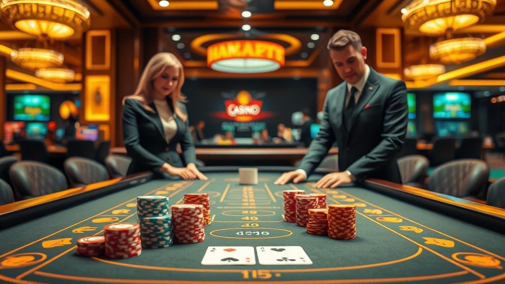 ไพ่บาคาร่าและชิปเดิมพันบนโต๊ะ