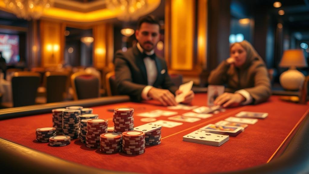 การ์ดบาคาร่าและชิปบนโต๊ะ