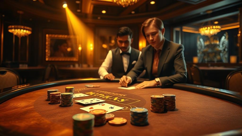 การ์ดบาคาร่าและชิปเดิมพันบนโต๊ะ