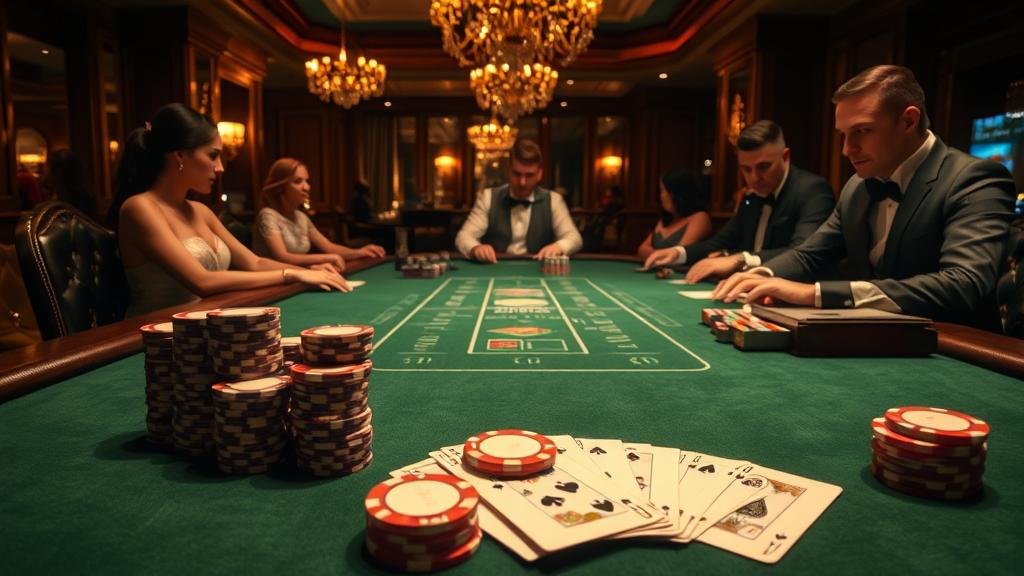 มือถือไพ่บาคาร่าพร้อมชิปบนโต๊ะ