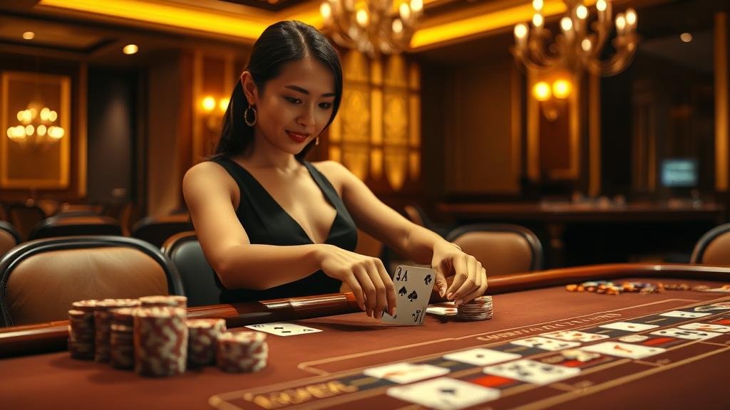 ดีลเลอร์สาวสวยกำลังแจกไพ่บาคาร่าสด