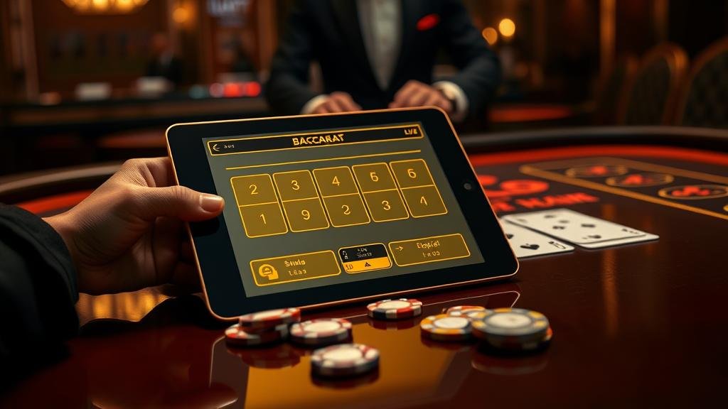 มือผู้เล่นบาคาร่าพร้อมไพ่และชิป