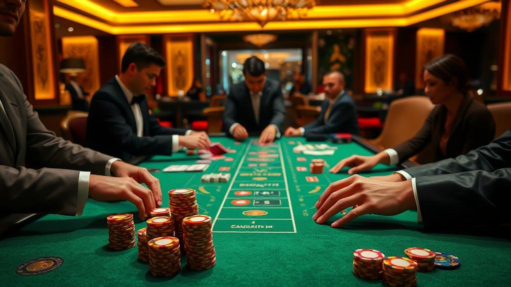 มือถือไพ่บาคาร่าบนโต๊ะ กำลังวิเคราะห์เกม