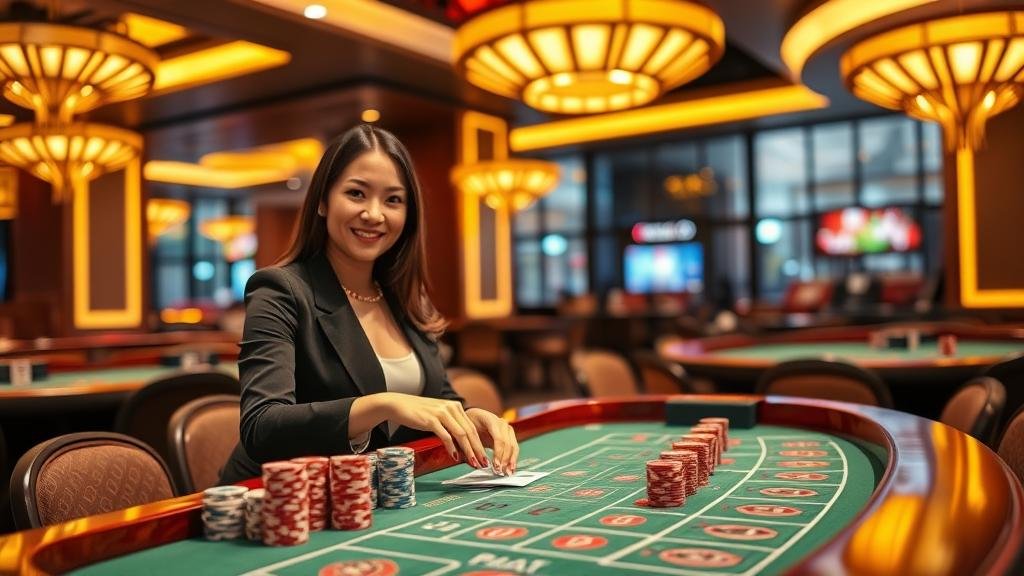 การ์ดบาคาร่าและชิปเดิมพันบนโต๊ะ