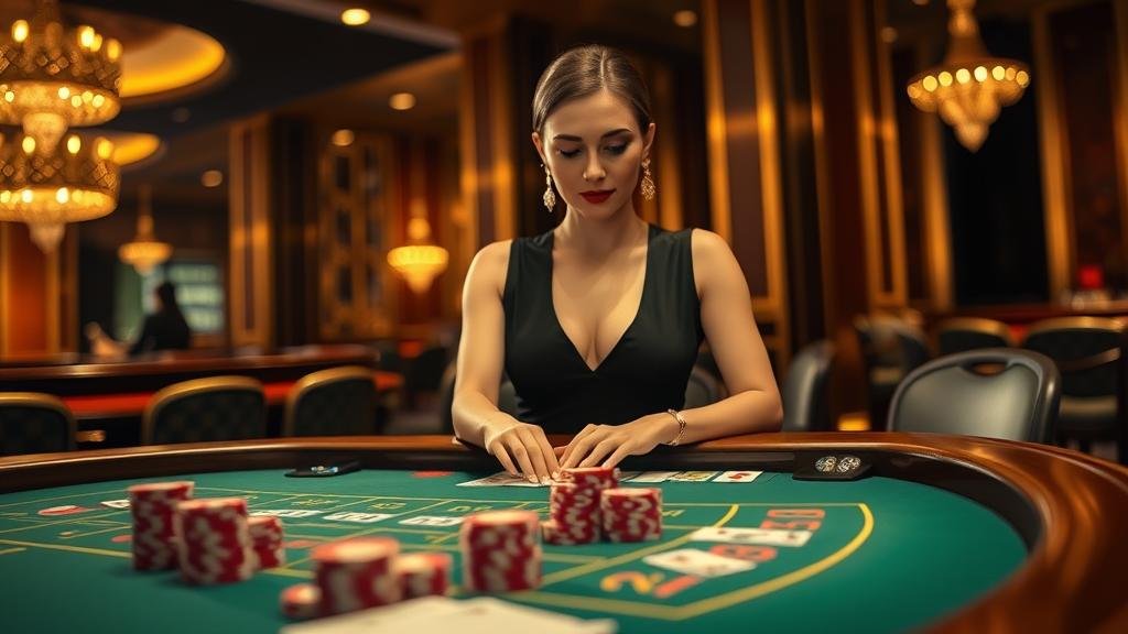 โต๊ะบาคาร่าสดพร้อมไพ่และชิปเดิมพัน