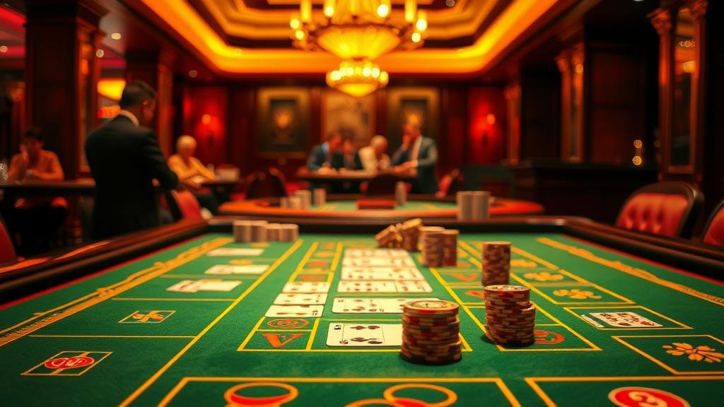 ภาพมือถือชิปคาสิโนพร้อมโต๊ะบาคาร่า