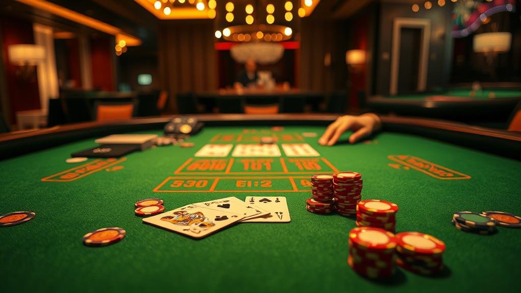 โต๊ะบาคาร่าพร้อมชิปและไพ่