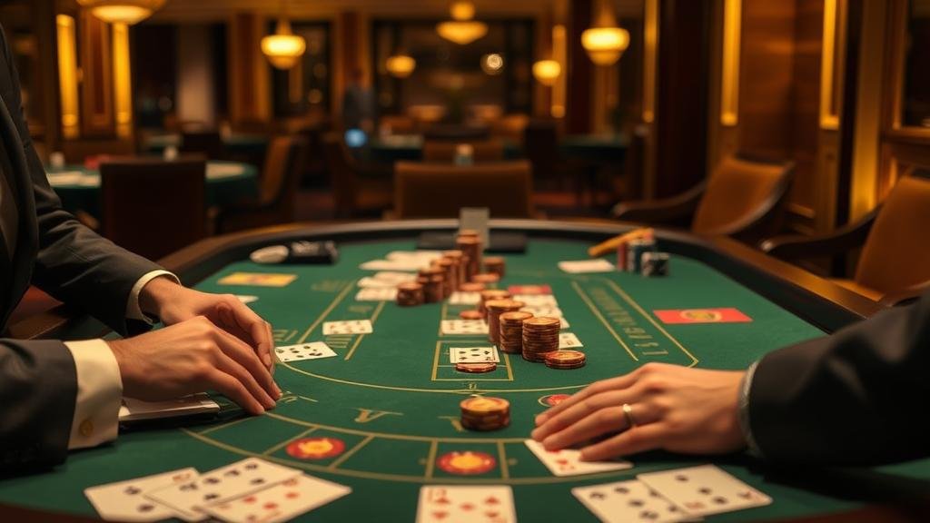 มือของผู้เล่นกำลังวางเดิมพันบาคาร่าพร้อมชิปคาสิโน