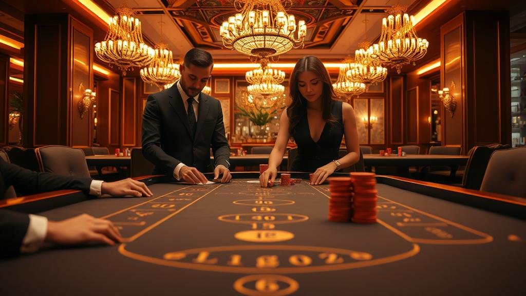 มือของผู้เล่นกำลังเล่นบาคาร่าพร้อมไพ่และชิป