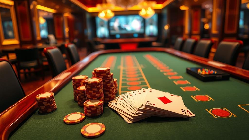 โต๊ะบาคาร่าพร้อมชิปและไพ่