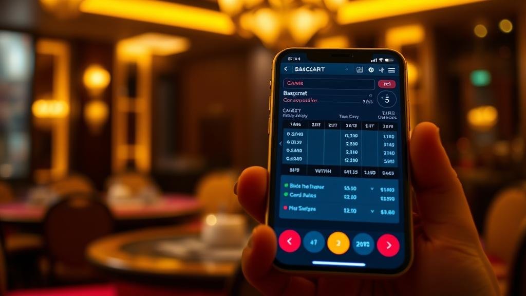 มือถือแสดงเกมบาคาร่าแนวตั้งพร้อมสถิติและชิปเดิมพัน