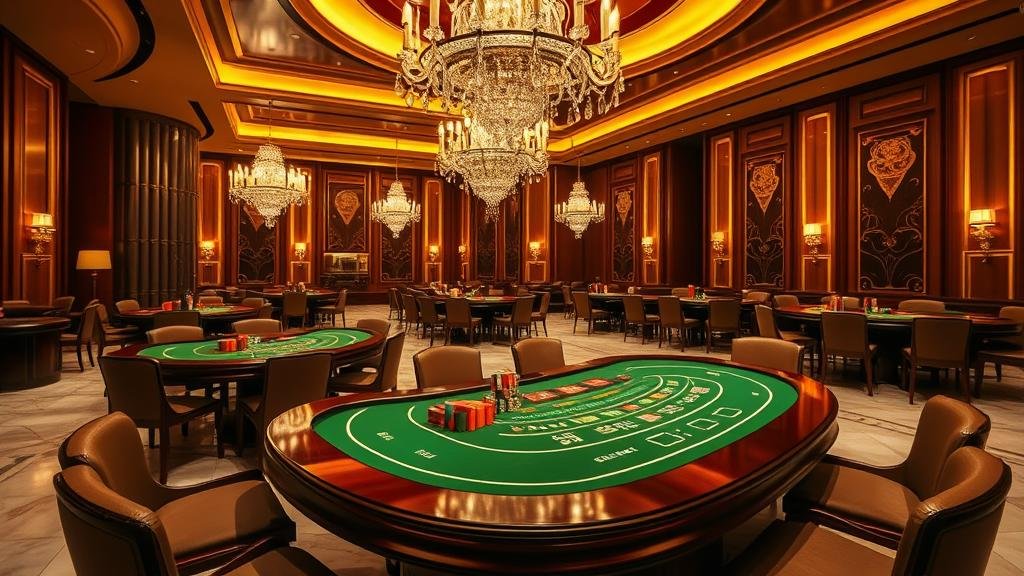 มือของผู้เล่นวางชิปบนโต๊ะบาคาร่าในคาสิโนหรู