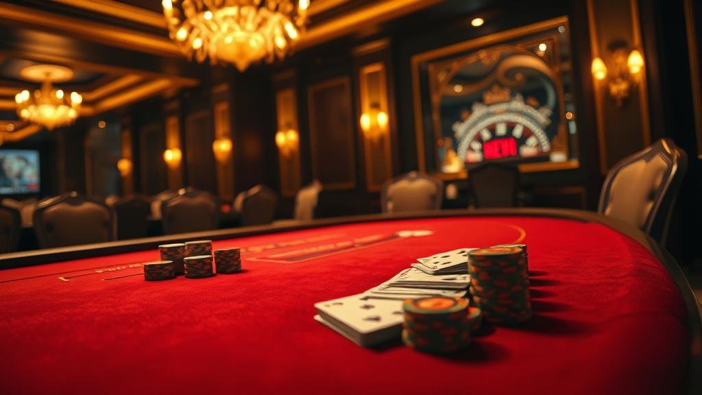 ภาพระยะใกล้โต๊ะบาคาร่าพร้อมชิปและไพ่