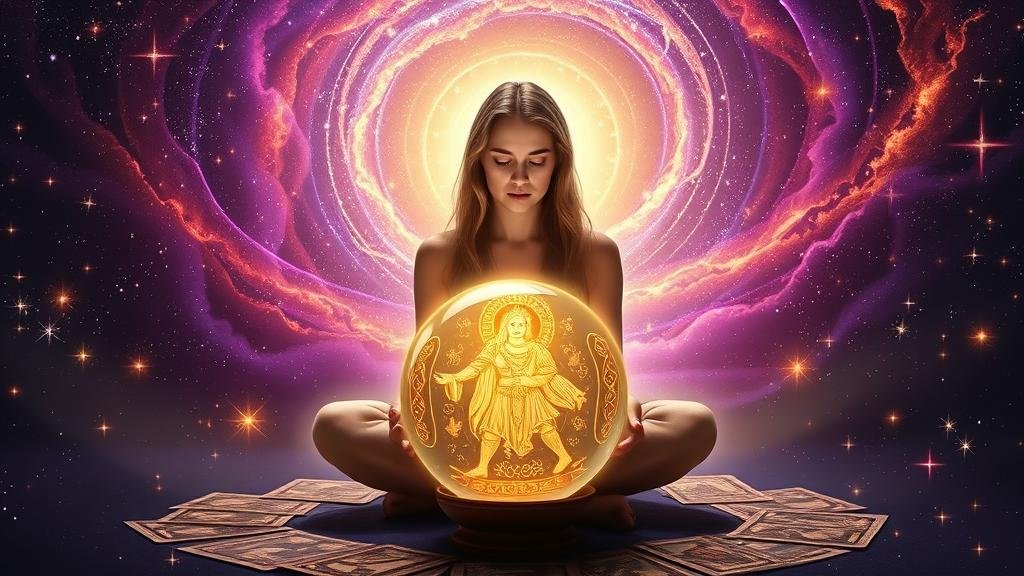 มือของผู้หยั่งรู้ กำลังสับไพ่ทาโรต์ พร้อมแสงเรืองรอง