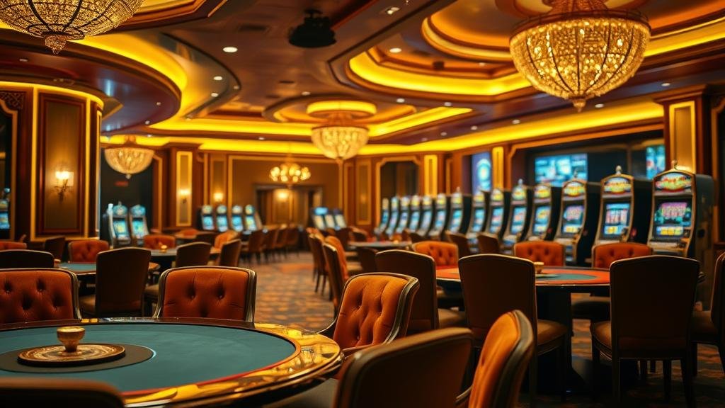 หน้าจอเกมสล็อตเรืองแสงยามค่ำคืน สัญลักษณ์สล็อตระยิบระยับ