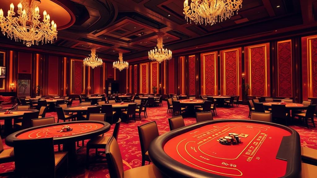 ภาพชิปและไพ่บาคาร่าในมือ พร้อมโต๊ะคาสิโนหรู