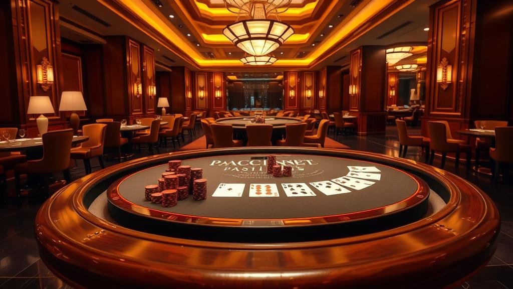 ภาพการเล่นบาคาร่าบนโต๊ะคาสิโนพร้อมไพ่และชิป