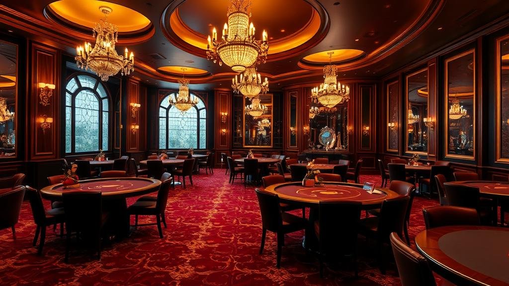 ภาพมุมใกล้ของวงล้อรูเล็ตและชิปบนโต๊ะคาสิโนหรู