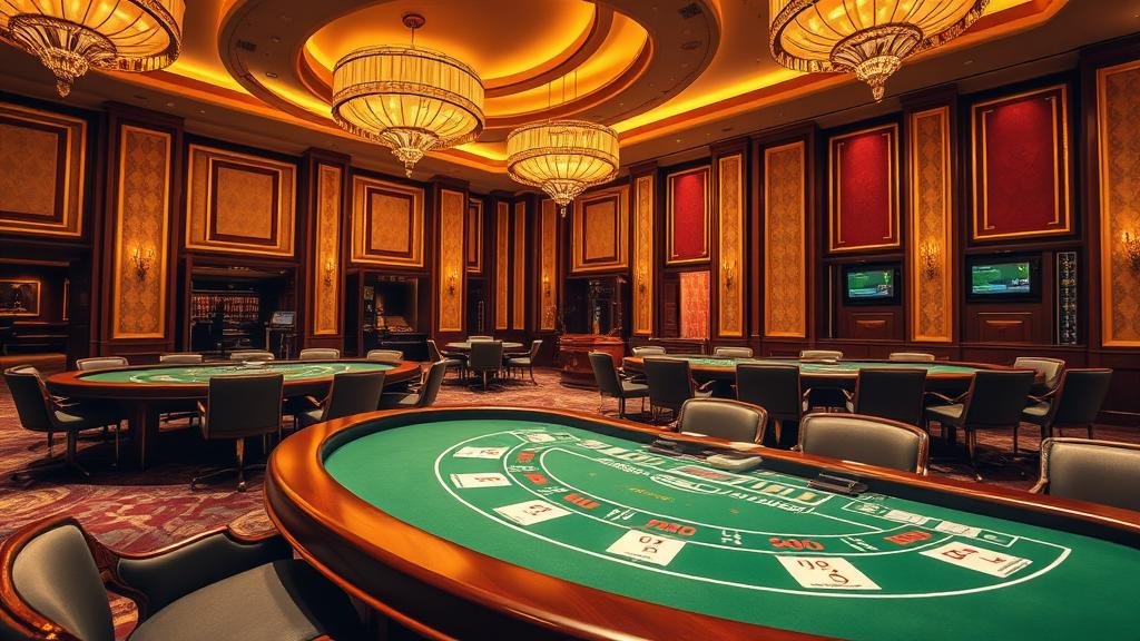 โต๊ะบาคาร่าพร้อมไพ่และชิปในคาสิโนหรู