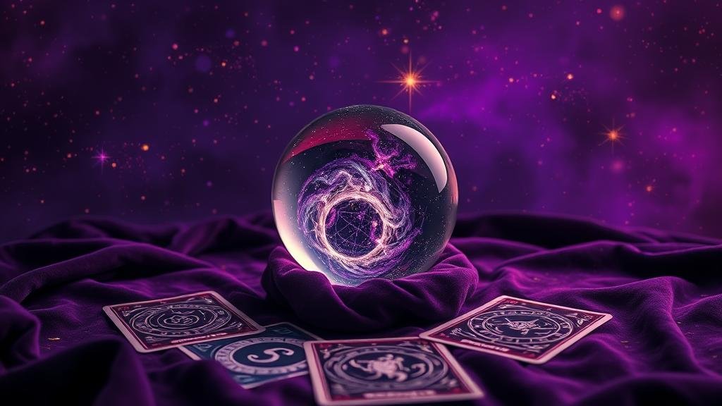 ลูกแก้วทำนายโชคชะตาพร้อมไพ่ยิปซีและสัญลักษณ์จักรราศี