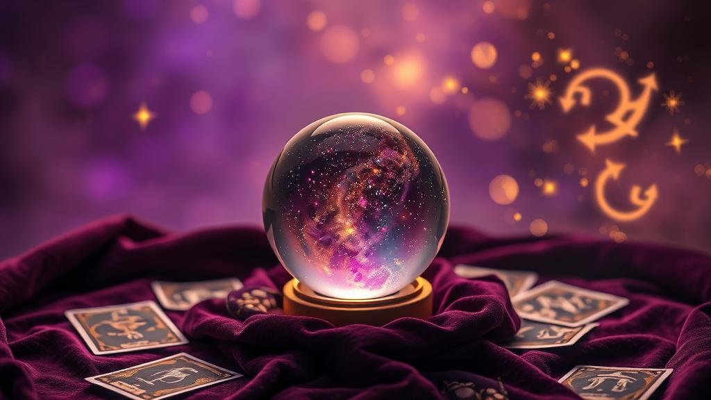 มือถือลูกแก้วคริสตัลเรืองแสง แสดงตัวเลขและสัญลักษณ์จักรราศี สื่อถึงการพยากรณ์เลขเด็ด