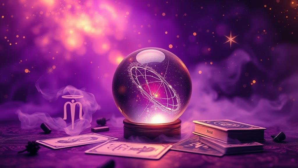 ไพ่ทาโรต์รูปนักโหราศาสตร์โบราณ ชี้ไปยังกลุ่มดาว พร้อมตัวเลขเรืองแสง