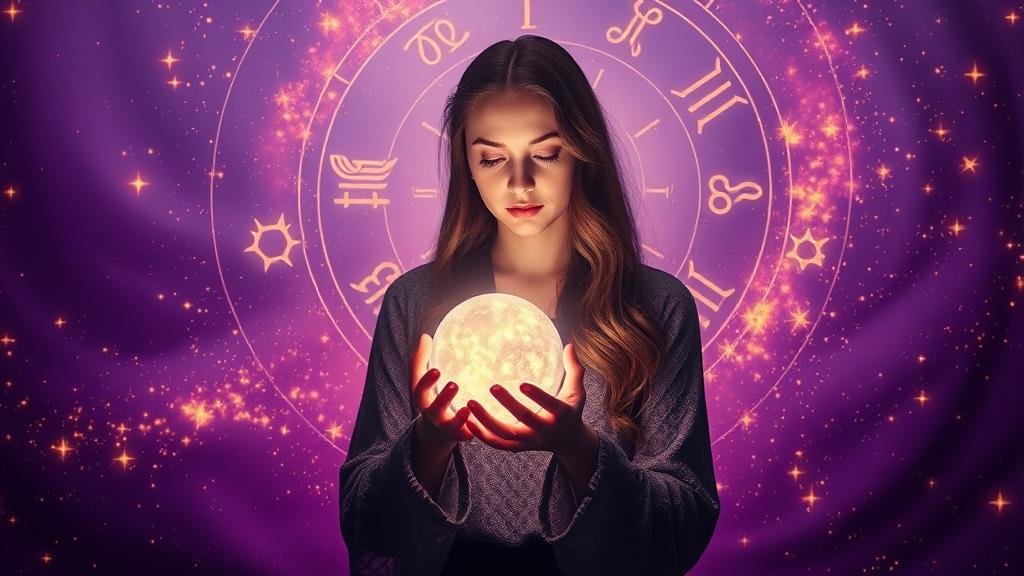 ลูกแก้ววิเศษแสดงตัวเลขและสัญลักษณ์จักรราศี พร้อมภาพงูพันเหรียญทองและกราฟหุ้น