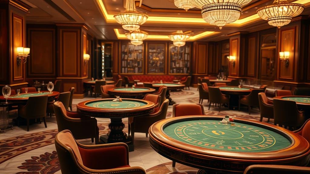 โต๊ะบาคาร่าพร้อมชิปและไพ่ในคาสิโนหรู