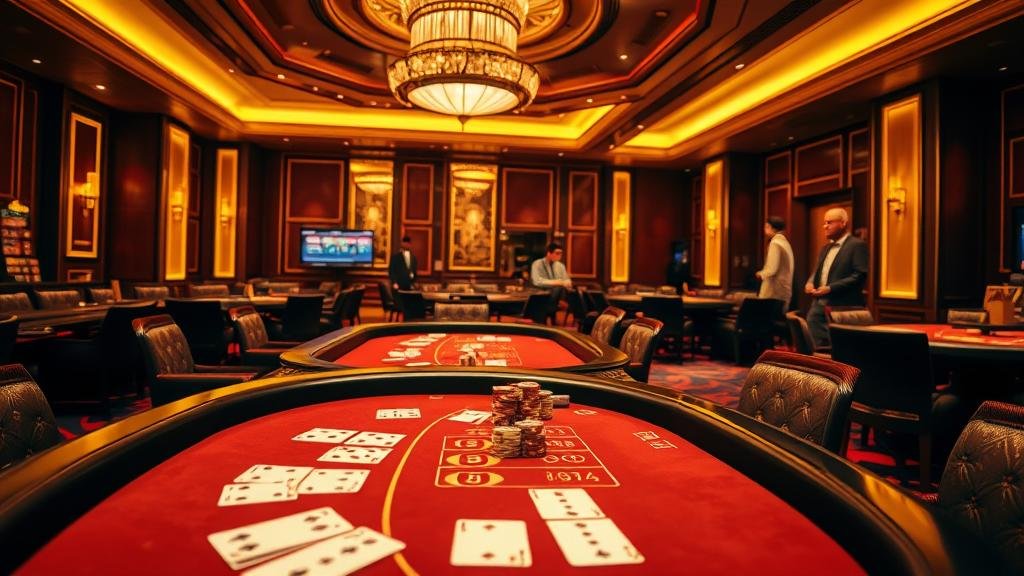 ภาพโต๊ะบาคาร่าหรูหรา เน้นไพ่และชิป