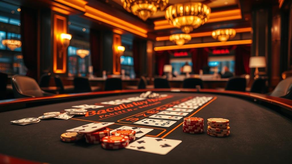 ภาพแสดงการเล่นบาคาร่าบนอุปกรณ์หลากหลาย พร้อมกราฟิกแสดงกลยุทธ์การเดินเงิน