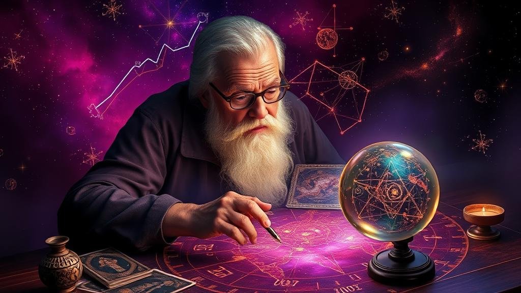 ลูกแก้วคริสตัลแสดงภาพกาแล็กซีหมุนวนพร้อมตัวเลขและกราฟหุ้นที่ส่องแสง เป็นสัญลักษณ์ของการมองเห็นอนาคตของตลาดหวยและตลาดหุ้น