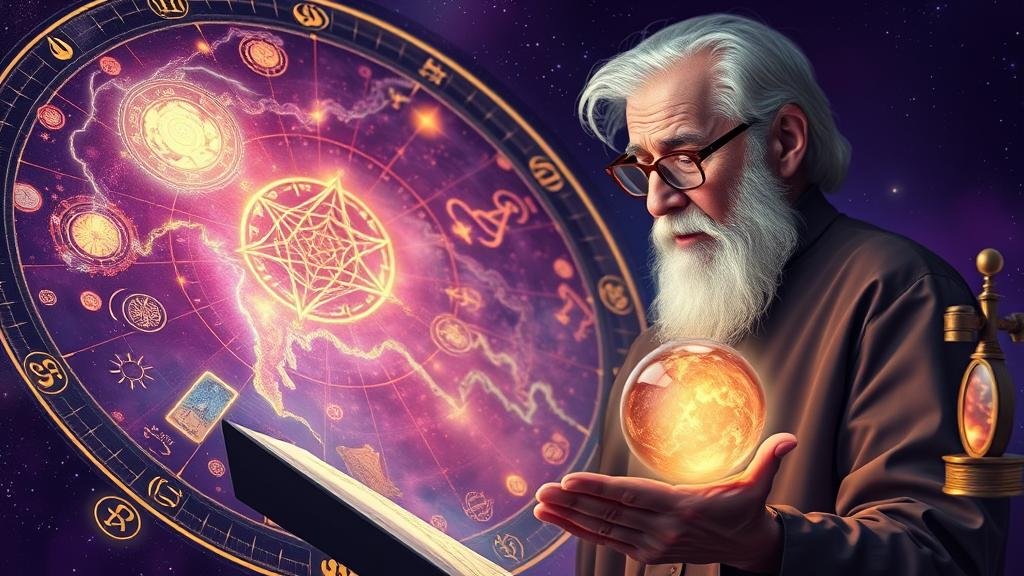 ภาพรวมของกราฟตลาดหุ้นต่างประเทศและตัวเลขสลากกินแบ่งต่างๆ จัดเรียงในรูปแบบจักรวาลอันศักดิ์สิทธิ์ เป็นสัญลักษณ์ของการบรรจบกันของโชคชะตาและการเงิน