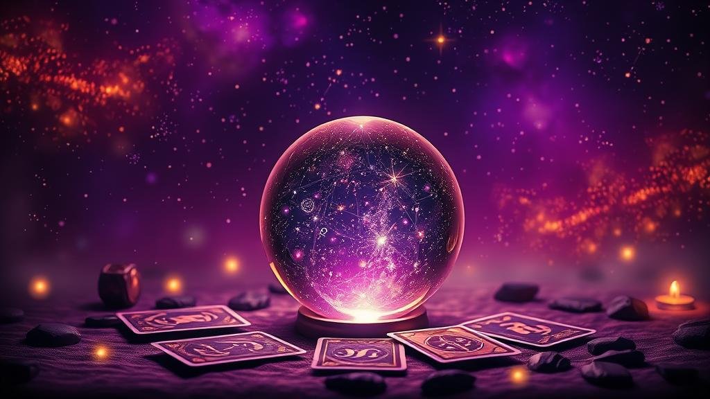 ไพ่ทาโรต์รูปสัญลักษณ์ราศีเมษ พร้อมประกายทองและแผนผังดวงดาวโบราณ