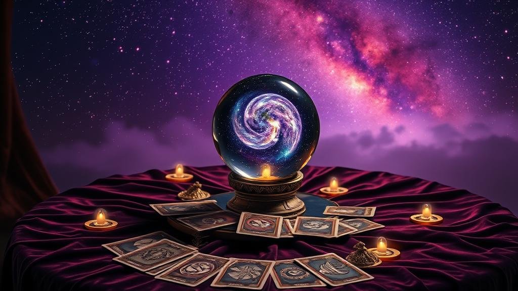 ไพ่ทาโรต์โบราณพร้อมตัวเลข 1-9 ส่องแสงท่ามกลางหมู่ดาวสีม่วงทอง