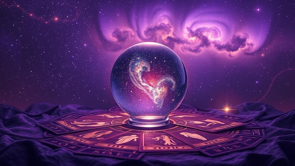 ลูกแก้วทำนายที่แสดงภาพกลุ่มดาวและตัวเลขเรืองรอง สื่อถึงการทำนายหวย