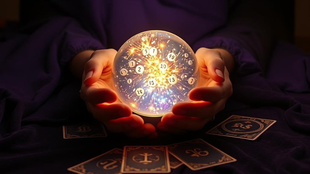 ผู้ชนะถือลอตเตอรี่ที่ถูกรางวัล ท่ามกลางกองเหรียญทองและแผนผังดวงดาว