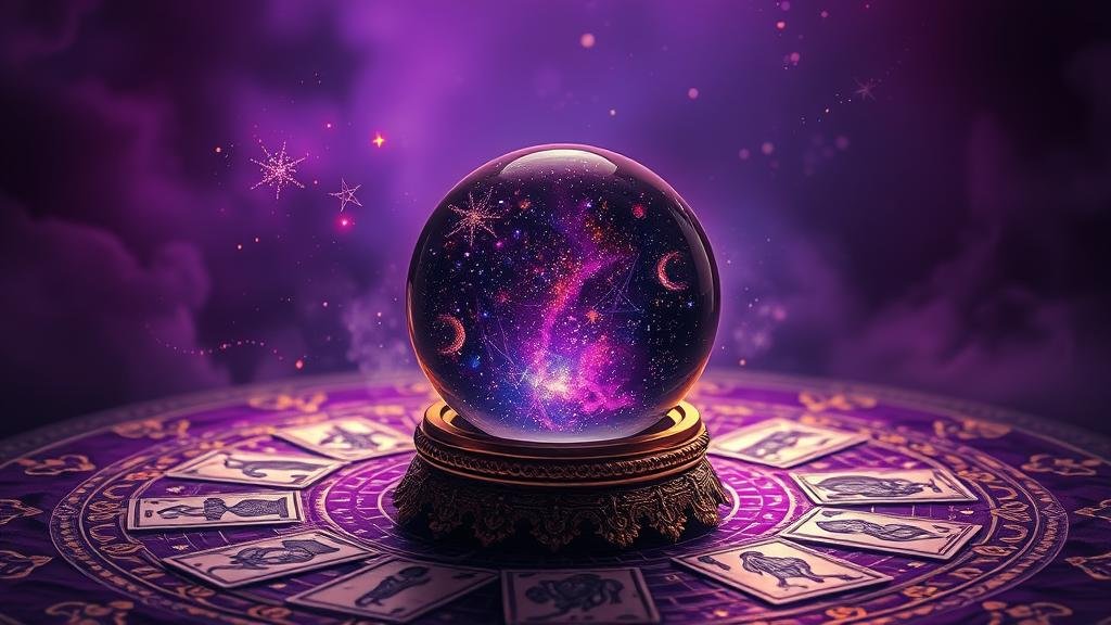 ภาพนักพยากรณ์ผู้ทรงภูมิ ชี้ไปยังลูกแก้วพยากรณ์ที่แสดงเลขมงคล