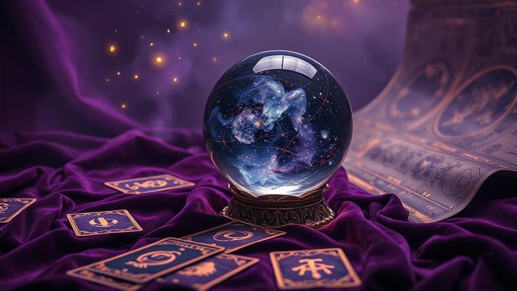 มือถือลูกแก้วคริสตัลเรืองแสง แสดงตัวเลขและสัญลักษณ์โหราศาสตร์