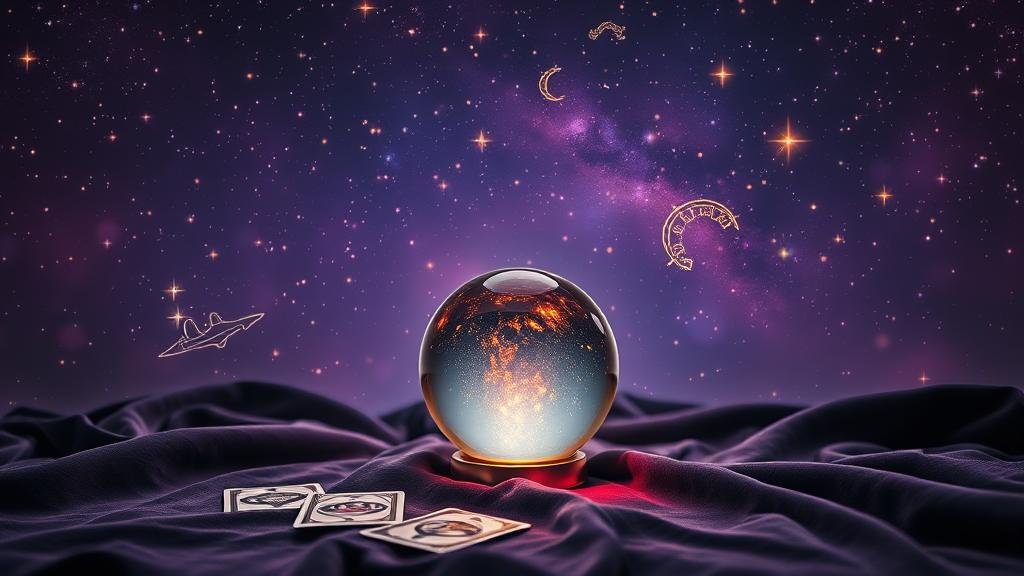 ท้องฟ้ากลางคืนเต็มไปด้วยกลุ่มดาวและสัญลักษณ์จักรราศี สื่อถึงการพยากรณ์เลขเด็ด