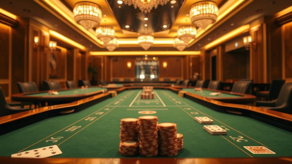 การเล่นบาคาร่าบนโต๊ะหรู พร้อมไพ่และชิปสีทอง