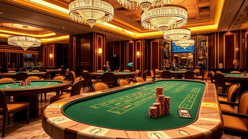 โต๊ะบาคาร่าพร้อมไพ่และชิปในบรรยากาศคาสิโนหรู