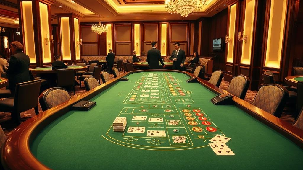 มือของผู้เล่นวางเดิมพันบนโต๊ะบาคาร่า พร้อมชิปและไพ่