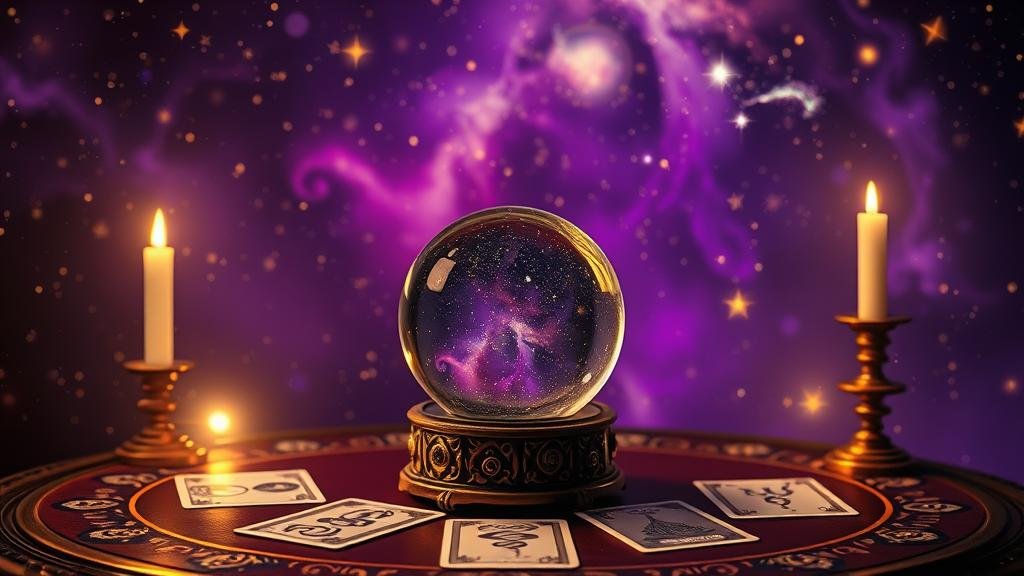 ภาพแผนผังโหราศาสตร์โบราณพร้อมสัญลักษณ์ราศีและไพ่ทาโรต์