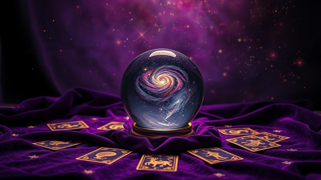 ลูกแก้วคริสตัลสะท้อนกาแล็กซีและกลุ่มดาวจักรราศี พร้อมแสงสีทองส่องสว่าง