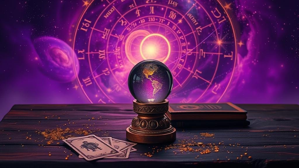 สำรับไพ่ทาโรต์พร้อมสัญลักษณ์ดวงดาวและตัวเลขหวย เข็มทิศสีทองชี้ไปยังดวงดาว