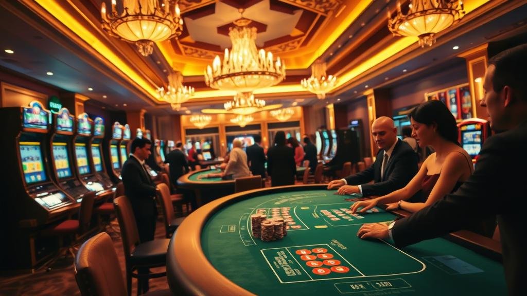 หน้าจอเกมสล็อตแสดงสัญลักษณ์ชนะและค่า RTP สูง พร้อมบรรยากาศคาสิโนหรูหรา