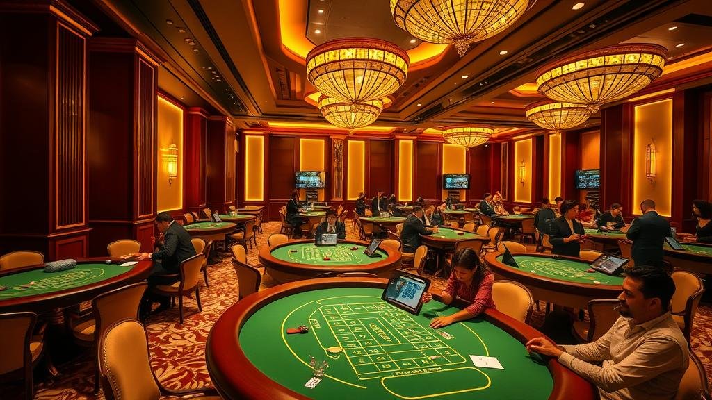 ผู้คนหลากหลายกำลังดูหน้าจอมือถือแสดงเกมบาคาร่าพร้อมตั้งค่า AutoSpin