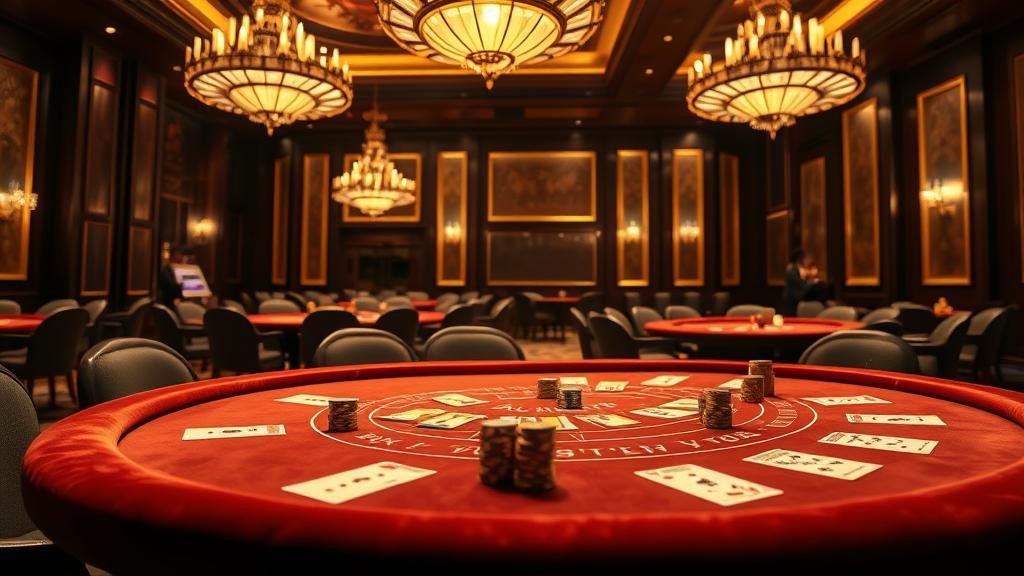 มือวางชิปเดิมพันบาคาร่าบนโต๊ะ พร้อมภาพดีลเลอร์ในฉากหลัง