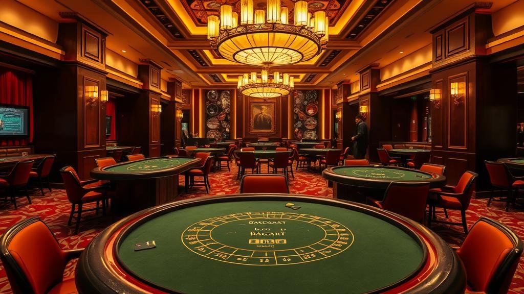 ภาพระยะใกล้ของเกมบาคาร่าที่กำลังดำเนินอยู่บนโต๊ะหรู พร้อมการแจกไพ่และชิปที่จัดวางอย่างเป็นระเบียบ